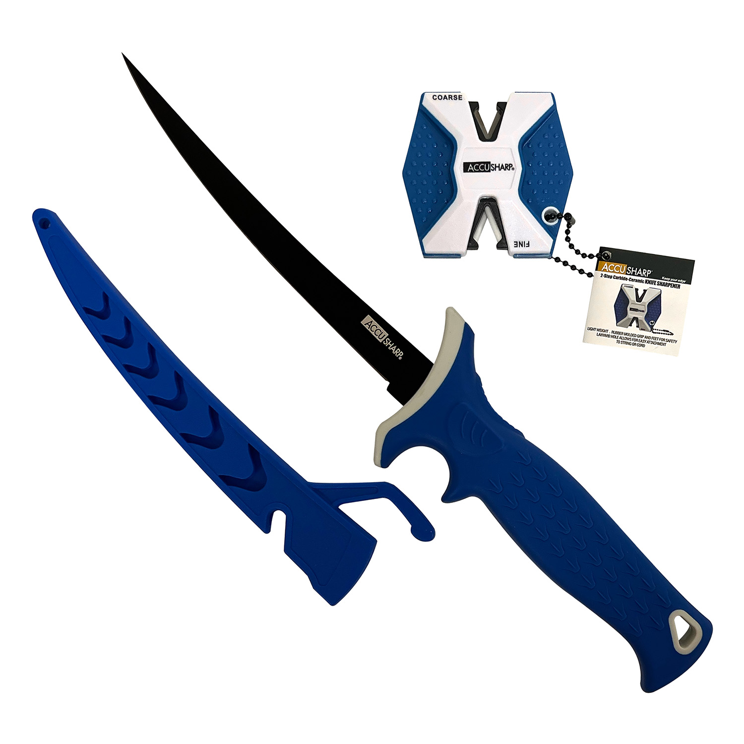 AccuSharp 736C Fillet w/Sharpener  6.50″ Fixed Fillet Plain Satin Titanium Coated Stainless Steel Blade/Royal Blue Ergonomic Anti-Slip Rubber Handle Includes 2-Step Sharpener