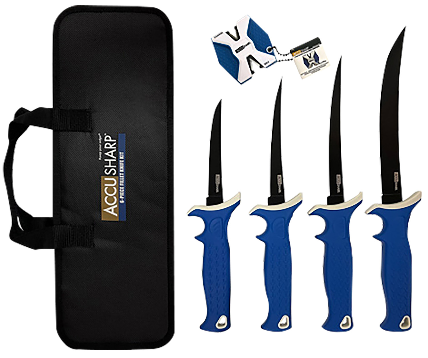 AccuSharp 737C Knife Kit  4.75/5.50/6.50/8″ Fixed Fillet Plain Satin Stainless Steel Blade/ Blue Non-Slip Grip TPR Handle Includes 2-Step Sharpener