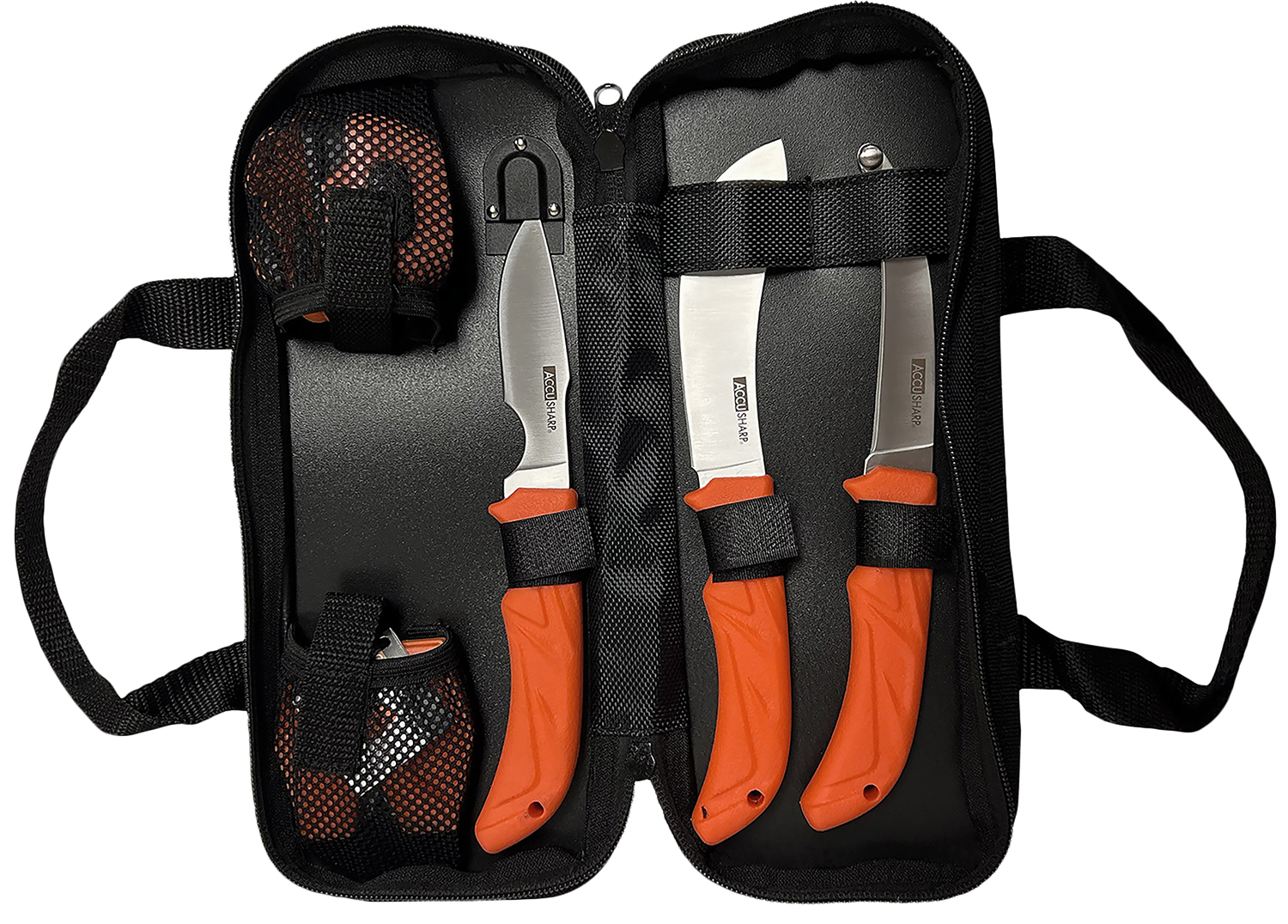 AccuSharp 738C Processing Kit  Fixed Butcher/Caping/Gutting Plain Stainless Steel Blades/Blaze Orange Non-Slip Grip 6 Piece Includes Nylon Case
