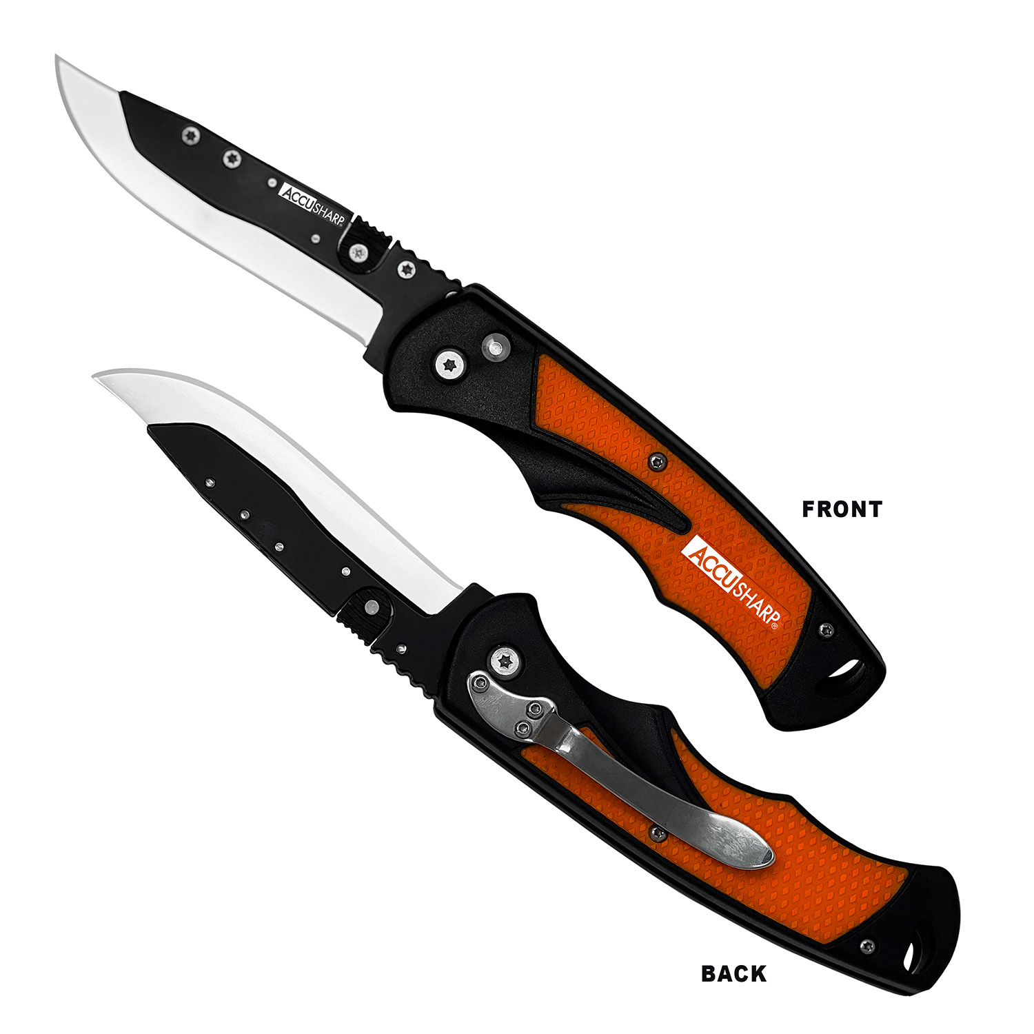 AccuSharp 741C Replaceable Blade Razor  3.50″ Folding Plain Stainless Steel Blade/Blaze Orange Ergonomic Anti-Slip Anodized Aluminum Handle/ Includes 2 Replacement Blades/Belt Clip