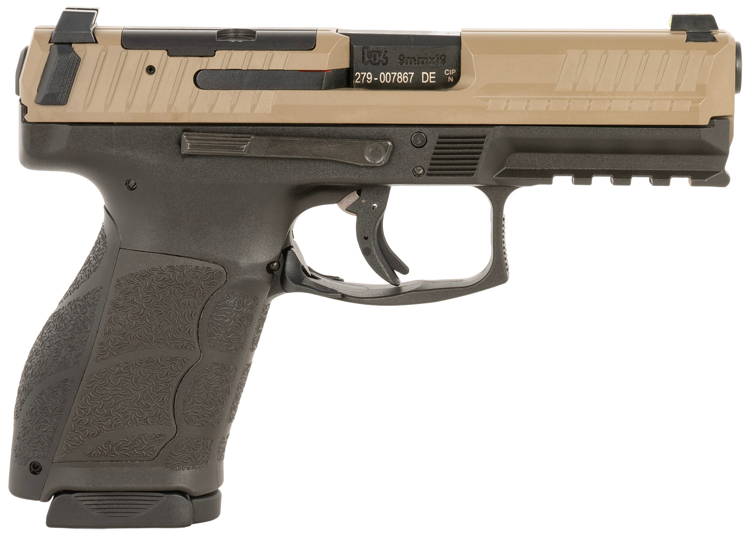 HK 81001196 VP9A1 Full Size 9mm Luger 15+1 4.53" Barrel, Flat Dark Earth Steel Optic Ready/Serrated Slide, Brown Polymer Frame w/Picatinny Rail, Interchangeable Backstrap Grip, Ambidextrous