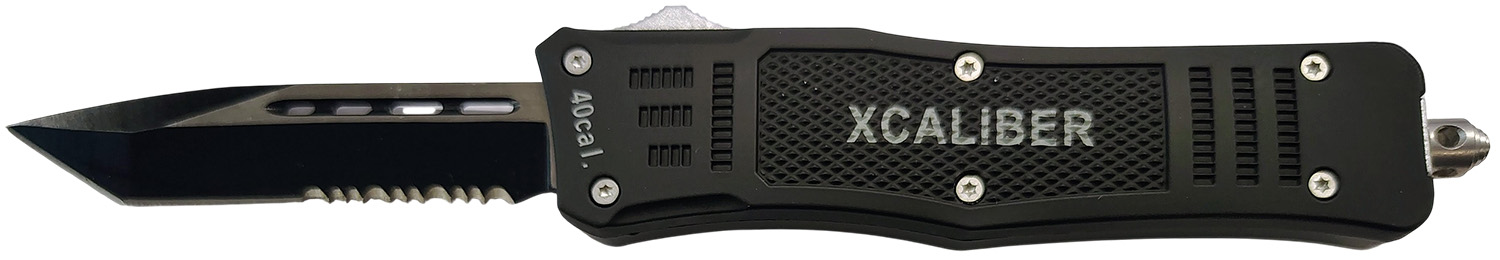 Xcaliber Knife Company  40 Cal  Medium 3.25″ OTF Tanto Part Serrated 440C SS Blade, 4.64″ Steel Handle