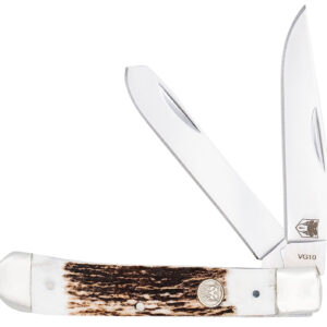 CobraTec Knives CTTDTRPSTAG Trapper Folding 2.88" Clip Point, 2.94" Spey Plain Polished VG-10 SS Blades, 4.44" Stag Bone Scales/SS Handle