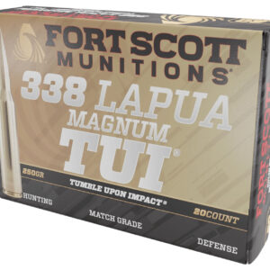 Fort Scott Munitions 338250SBV1 Tumble Upon Impact (TUI) Rifle 338LapuaMag 250gr Solid Copper Spun 20 Per Box/5 Case