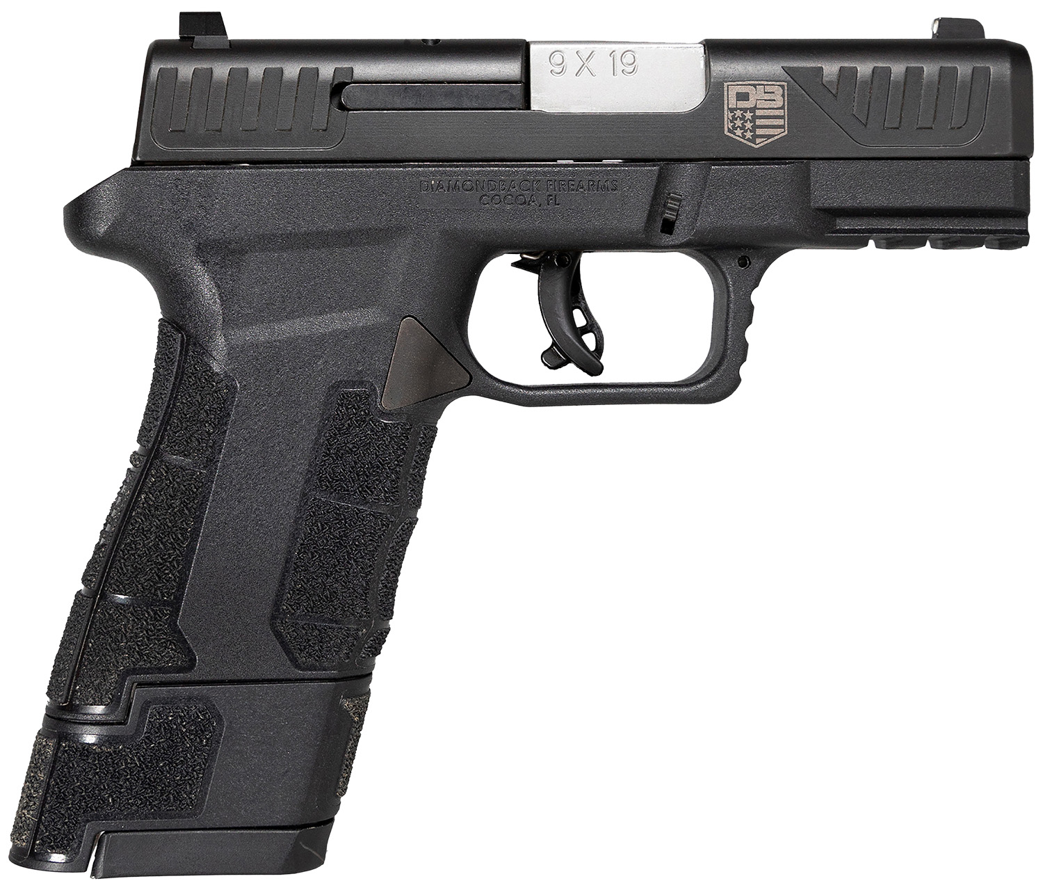 Diamondback DB0300P001 AM2 Sub-Compact Frame 9mm Luger 17+1, 3.50" Stainless Steel Barrel, Black Nitride Serrated Stainless Steel Slide, Black Polymer Frame w/Picatinny Rail & Polymer Grip