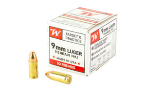 Winchester USA 9mm Luger 115 Grain Full Metal Jacket FMJ Brass Cased Pistol Ammo, 50 Rounds, W9MM50