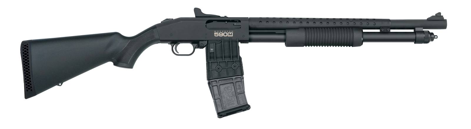 MOSSBERG 590M SGP 12 GA 18.5" HW BBL CYL HEAT SHIELD 10/RD MAG GHOST RING BLACK SYN STOCK TRI RAIL