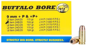 Buffalo Bore 9mm Luger +P+ Personal Defense Ammo - 124gr JHP