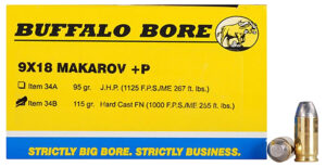 Buffalo Bore 9x18mm Makarov +P 115gr Hard Cast Ammo