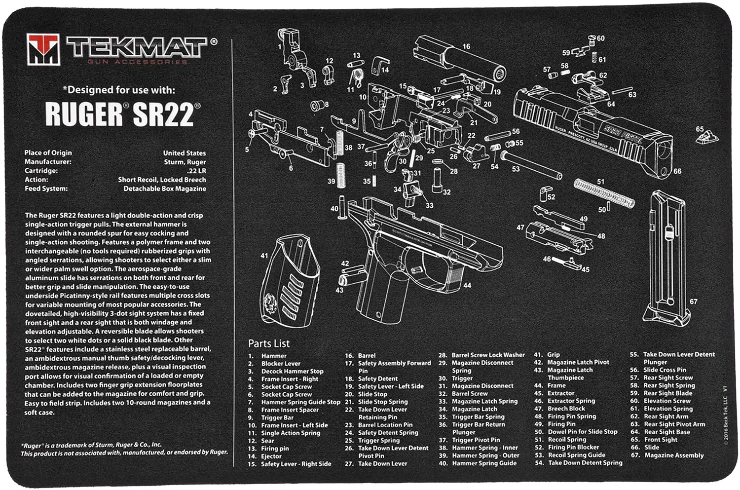 Ruger SR22 Cleaning Mat - 11"x17" TekMat