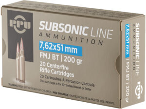 PPU Subsonic .308 200GR FMJ-BT Rifle Ammunition - 20RD