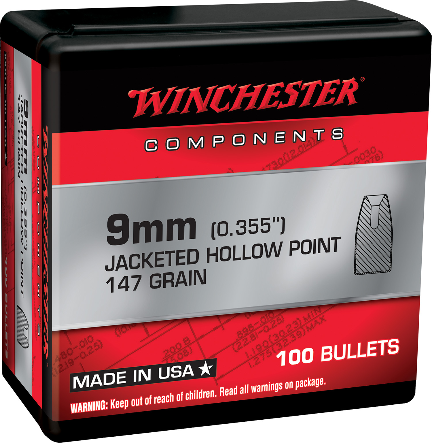 Winchester 9mm 147gr Jacketed Hollow Point Bullets - Box of 100